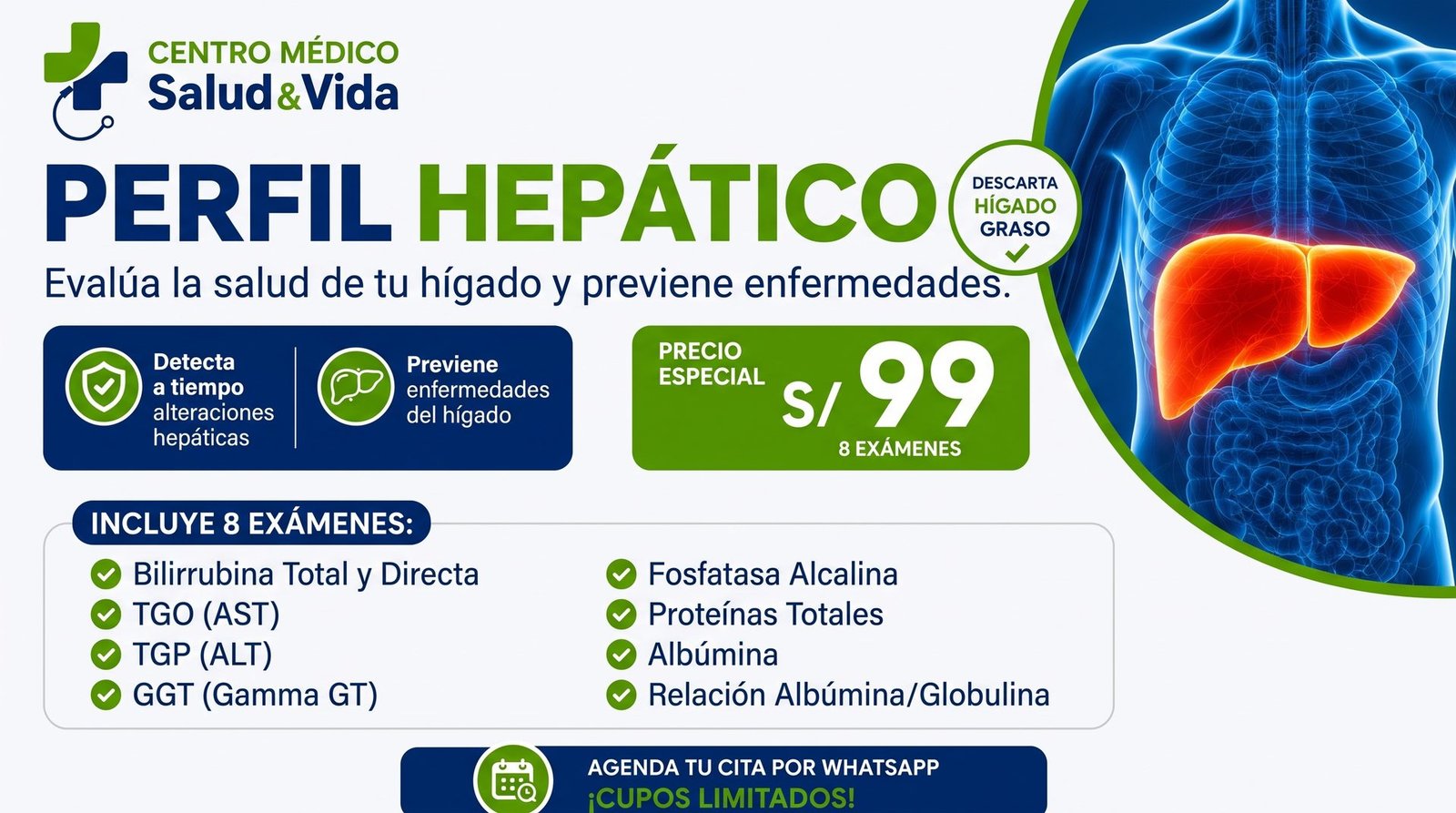 Promoción Perfil Hepático de 8 exámenes a S/99
